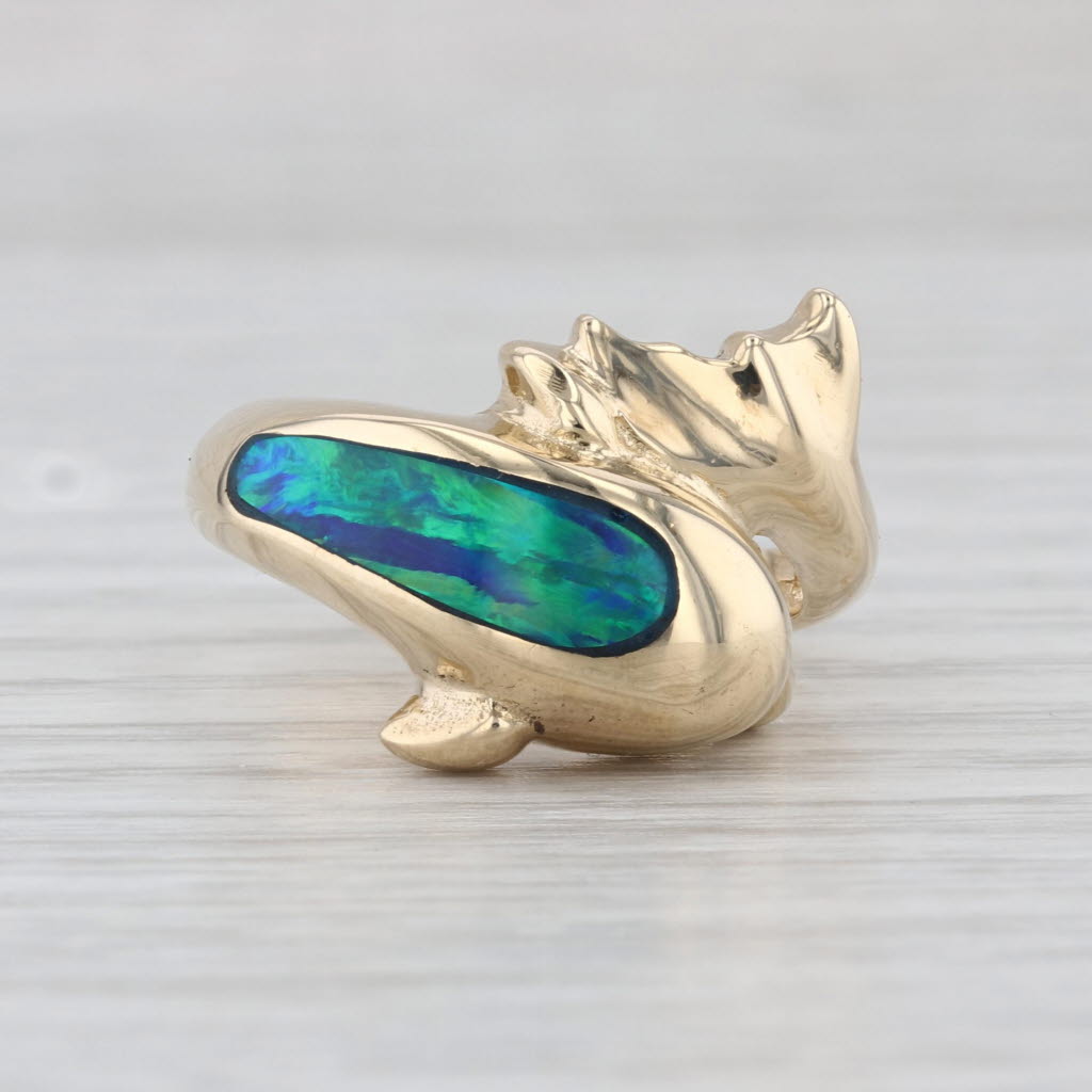 Lab Created Opal Diamond Dolphin Bypass Ring 14k Yellow Gold Size 6.75