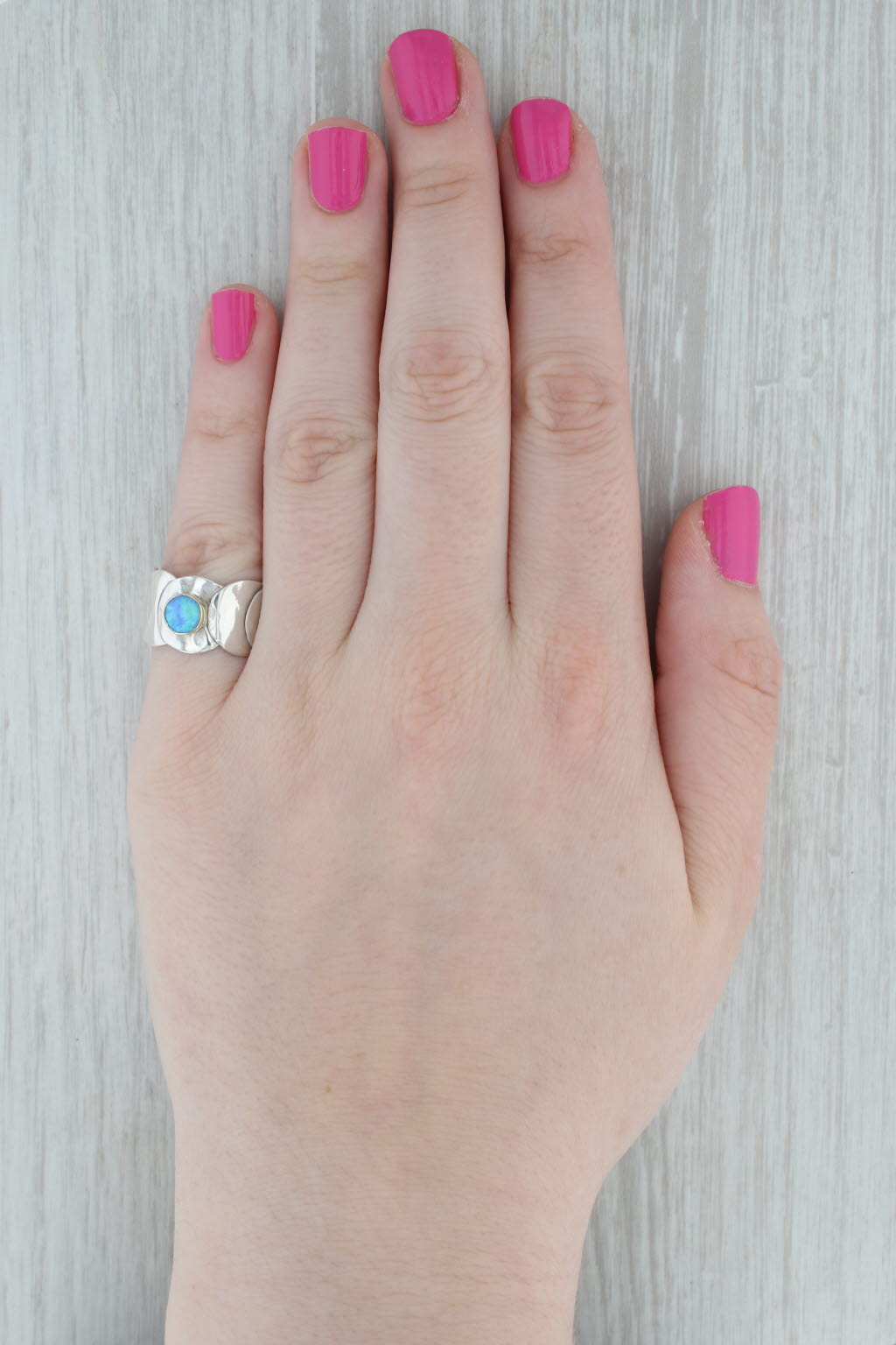 Gray Lab Created Blue Opal Statement Ring Sterling Silver 14k Gold Artisan Signed