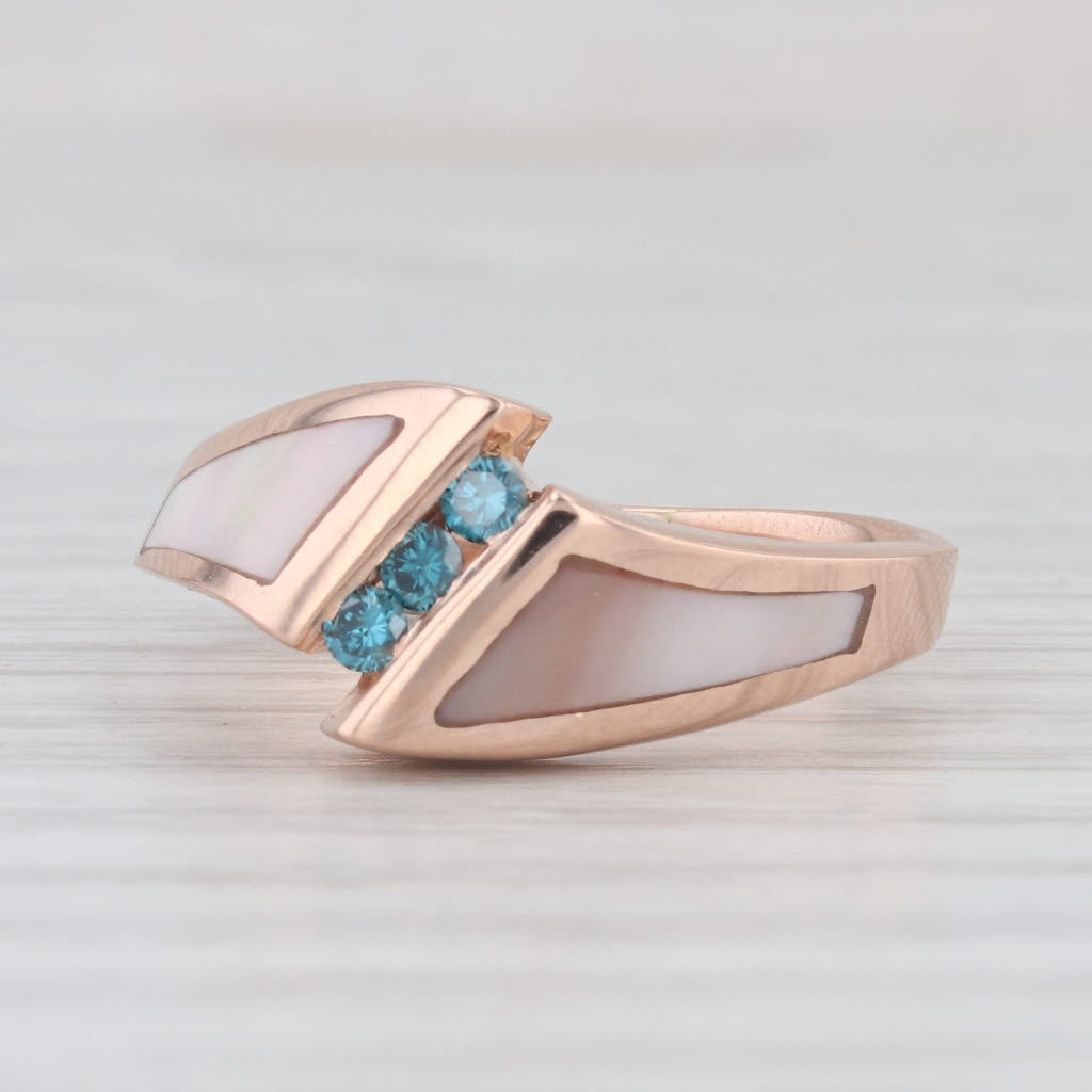 Light Gray Mother of Pearl Blue Diamond Bypass Ring 14k Rose Gold Size 6.5