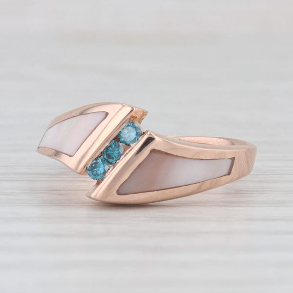 Mother of Pearl Blue Diamond Bypass Ring 14k Rose Gold Size 6.5