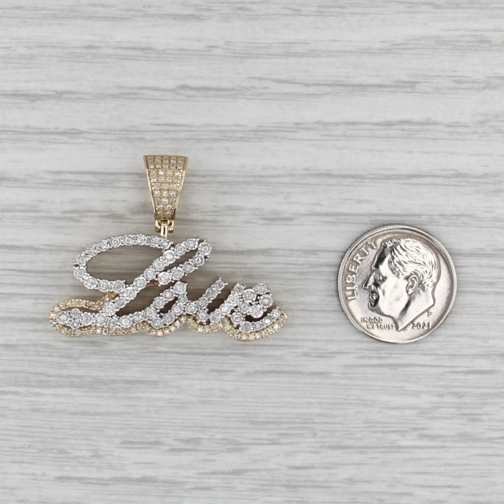 0.55ctw Diamond Cursive Love Pendant 10k Yellow White Gold Statement