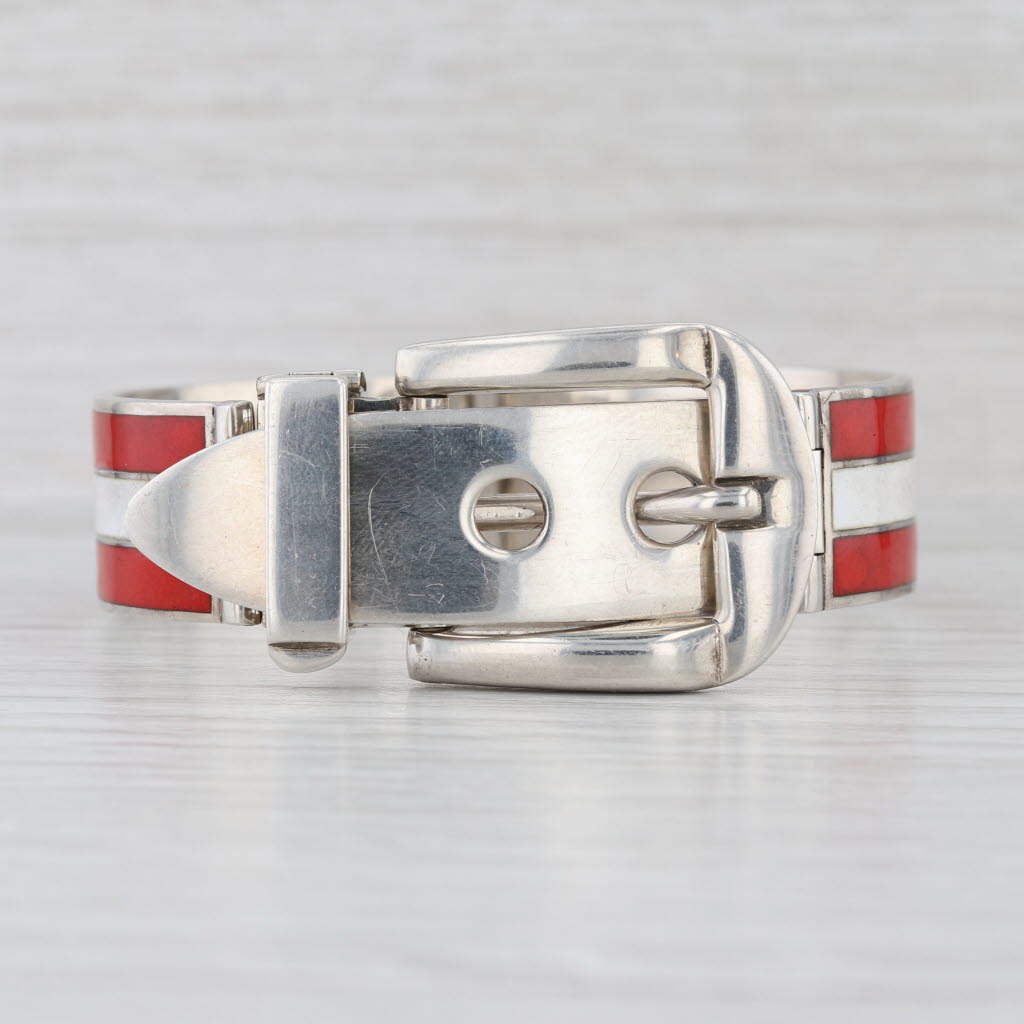 Gucci Belt Bangle Bracelet Sterling Silver Red White Enamel 6.5"