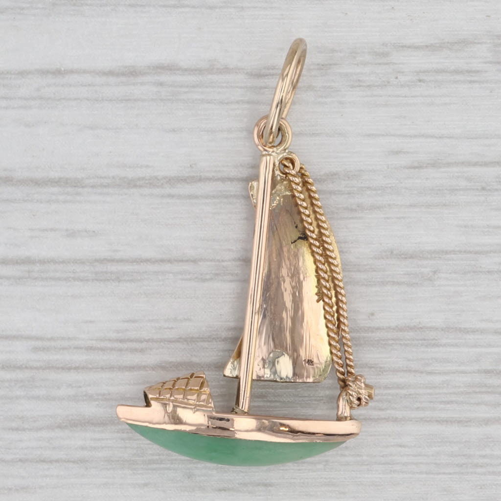 Green Jade Sailboat Pendant 14k Yellow Gold Charm Chinese Calligraphy