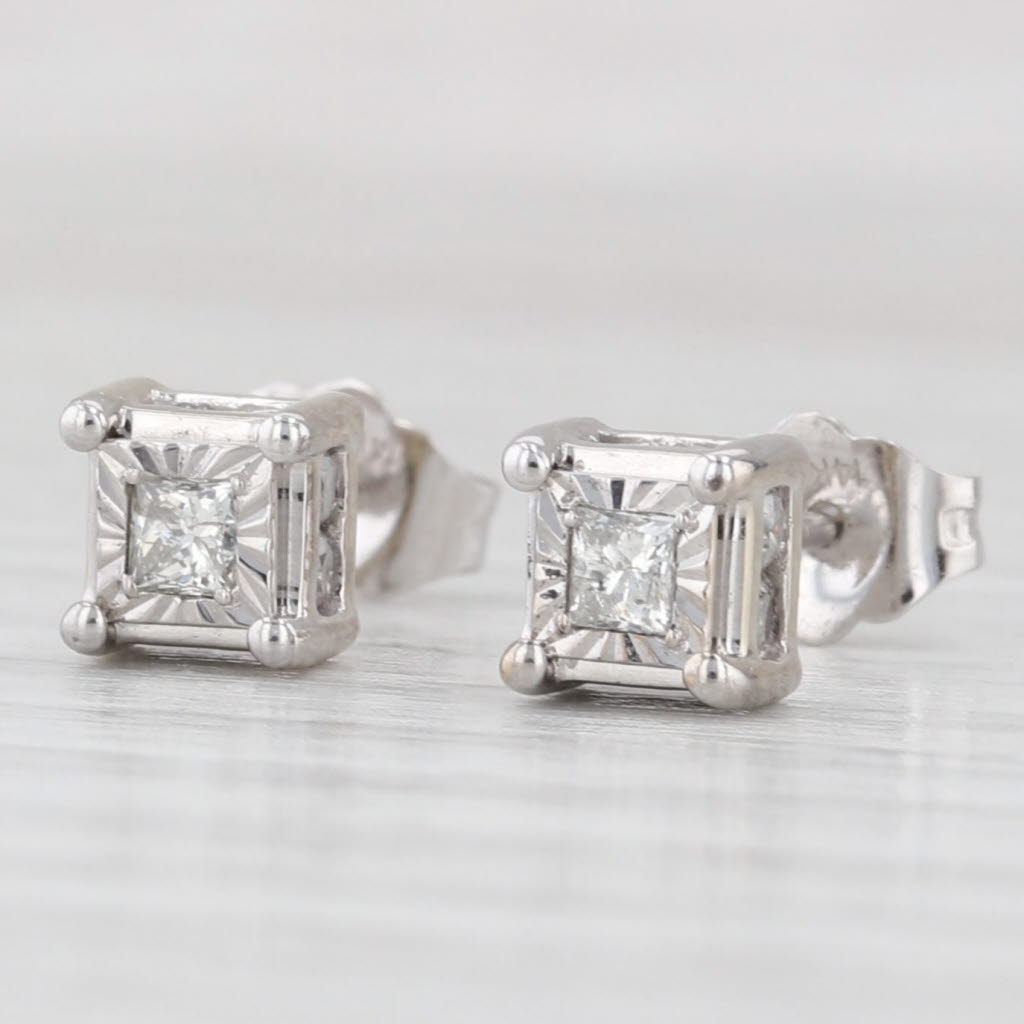 Light Gray 0.16ctw Princess Diamond Stud Earrings 14k White Gold Solitaire Studs