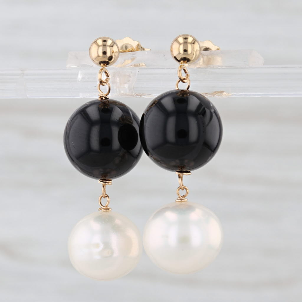 Onyx Pearl Bead Dangle Earrings 14k Yellow Gold Drops