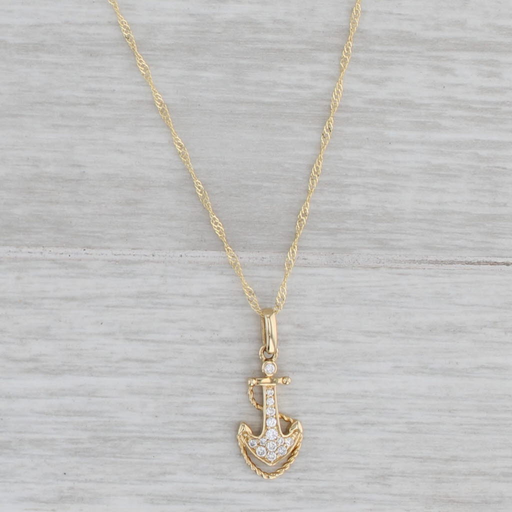 Gray New Small Diamond Anchor Pendant 14k Yellow Gold 18" Singapore Chain