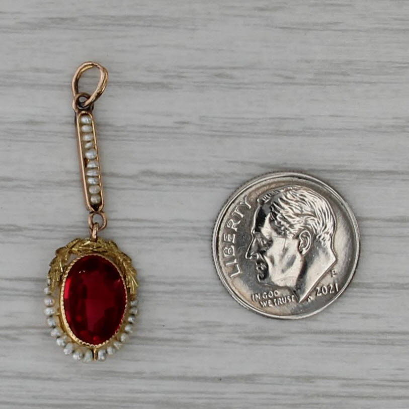Antique Red Glass Pearls Floral Pendant 10k Rose Gold Drop