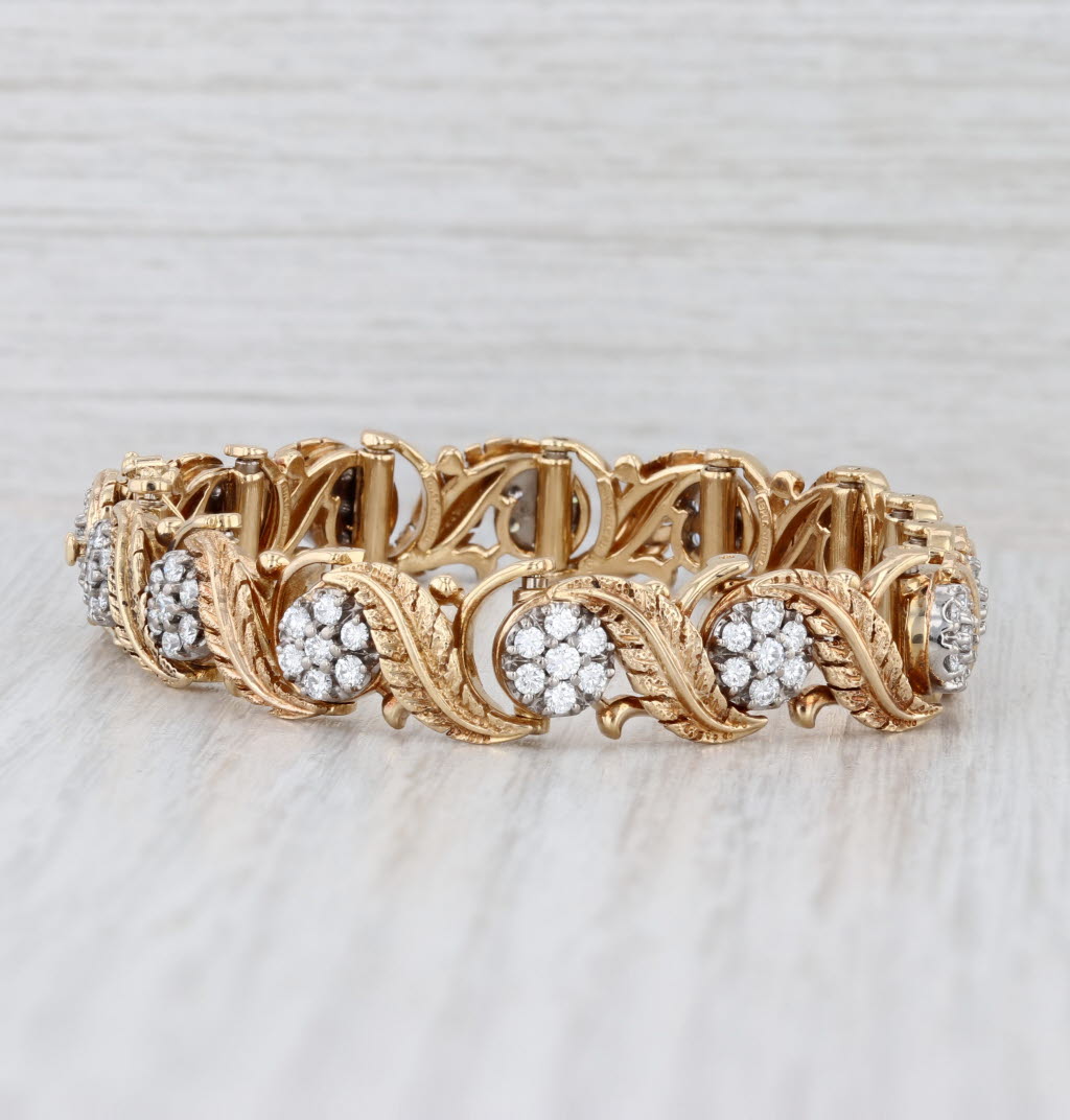 Vintage Jabel 2.50ctw Diamond Flower Leaf Bracelet 18k Yellow Gold 6.5" 10.4mm