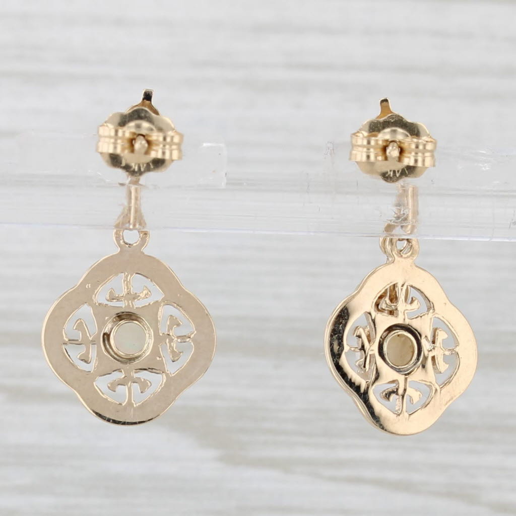 Light Gray Opal Dangle Earrings 14k Yellow Gold Round Cabochon Drops