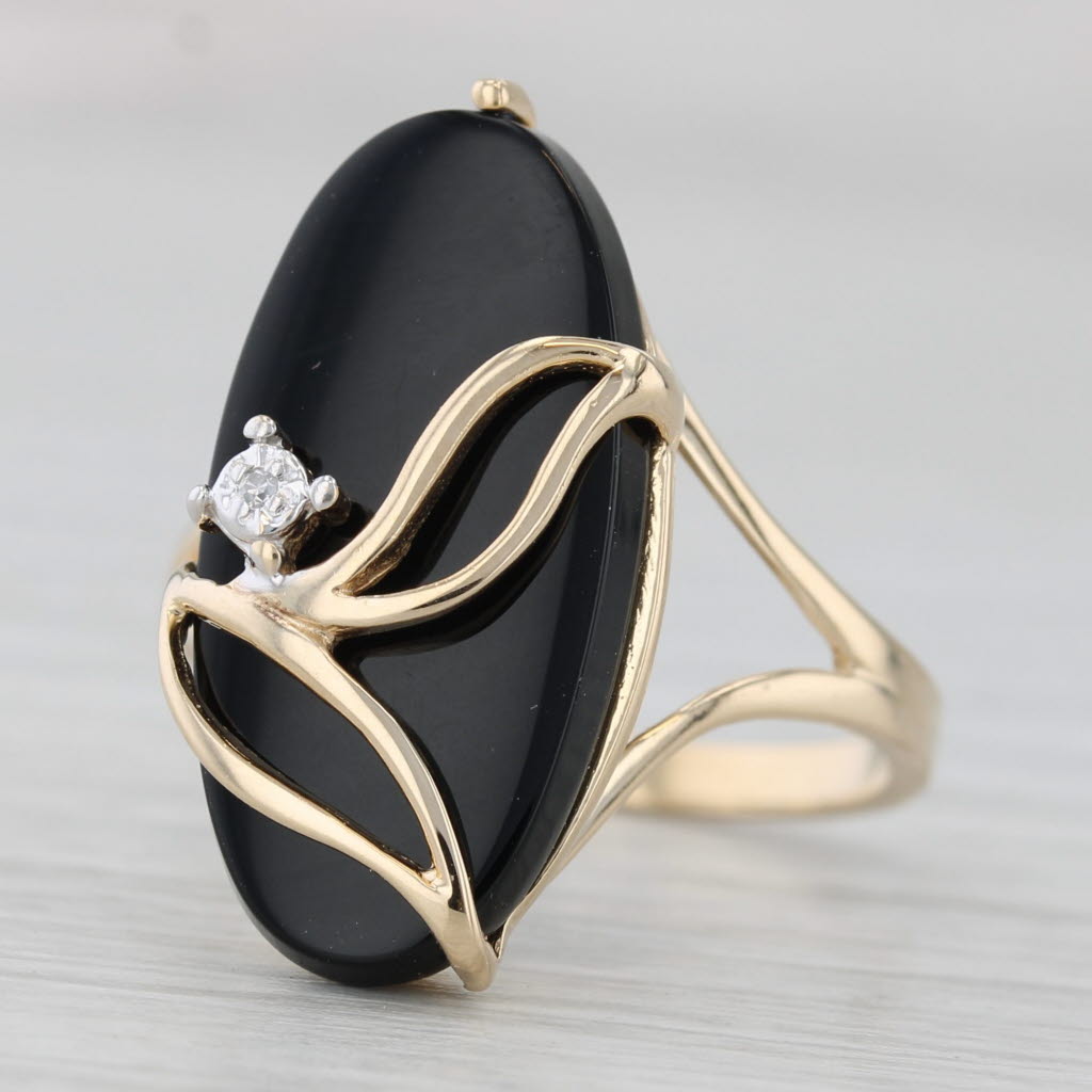 Light Gray Onyx Diamond Flower Ring 14k Yellow Gold Size 6.25