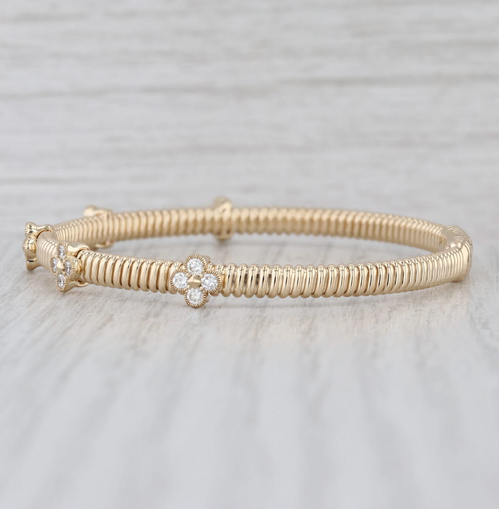 New 0.75ctw Diamond Flower Flexible Bangle Bracelet 14k Yellow Gold 6.75"