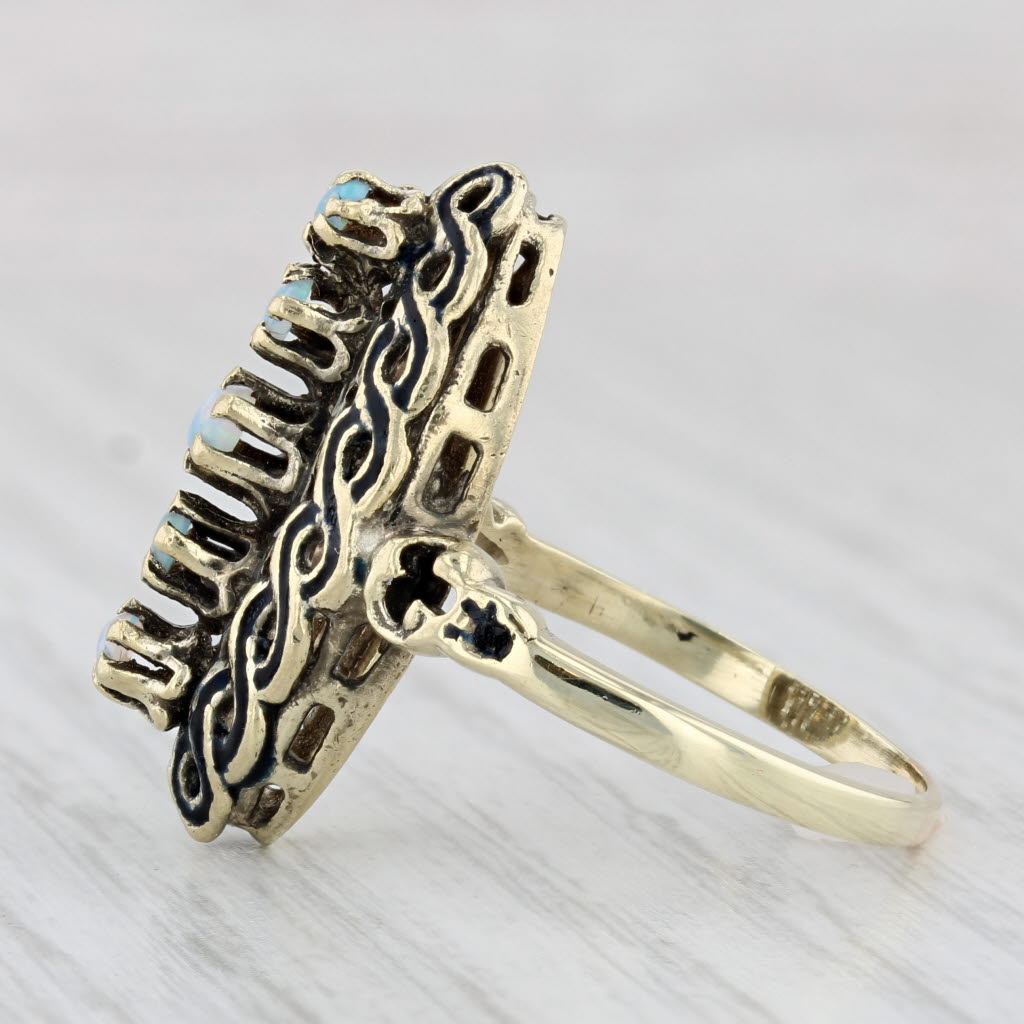 Light Gray Vintage Blue Opal Ring 13k Yellow Gold Size 9 Marquise Shape Round Cabochons