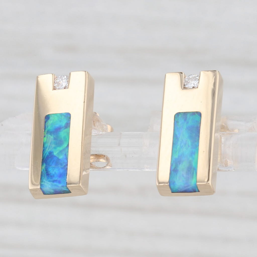 Light Gray Blue Green Opal Inlay Diamond Stud Earrings 14k Yellow Gold