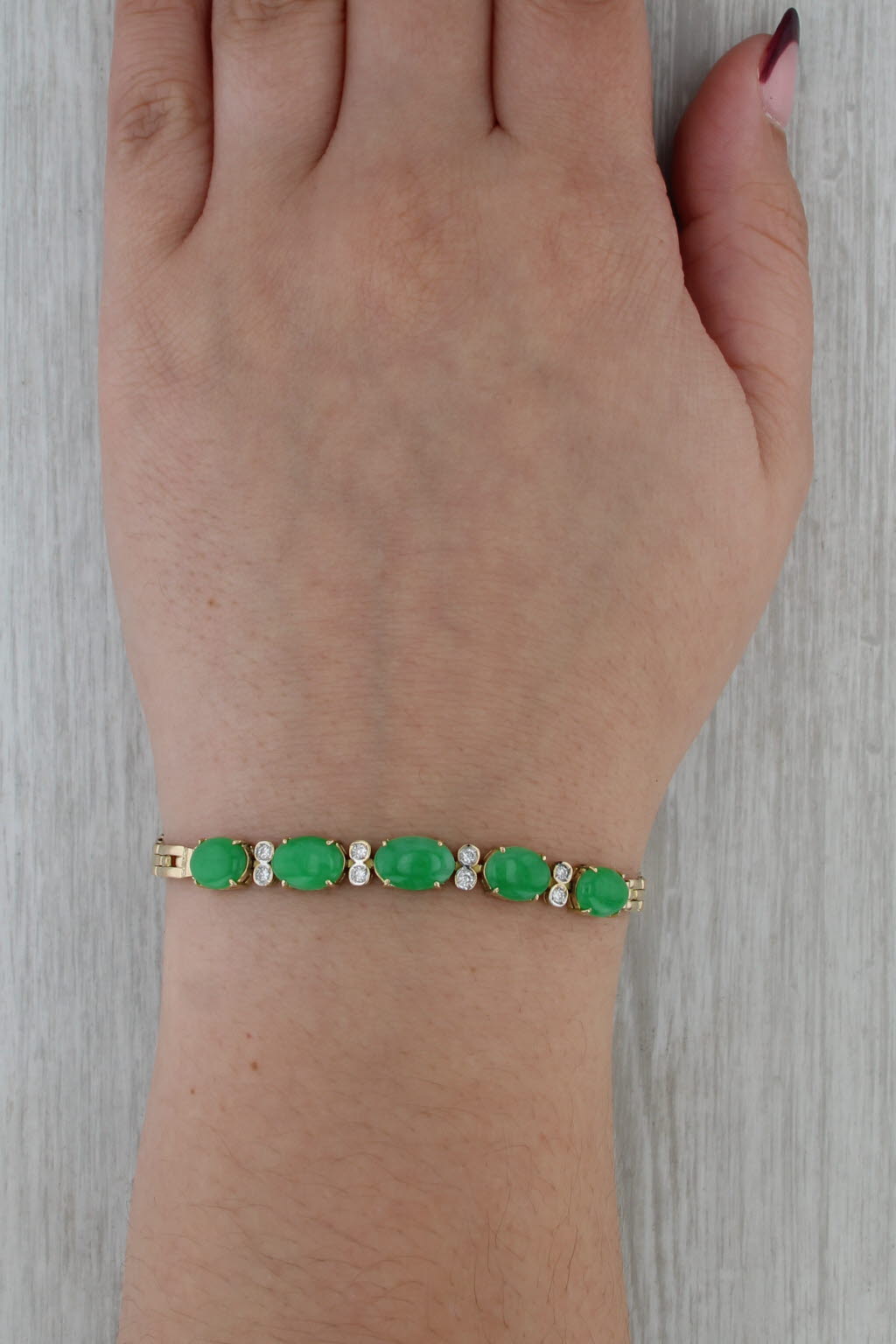 Diamond Jadeite Jade Bracelet 18k Yellow Gold Panther Chain 6.5"