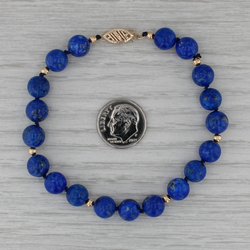 Blue Lapis Lazuli Bead Bracelet 14k Yellow Gold 7.25" 8mm