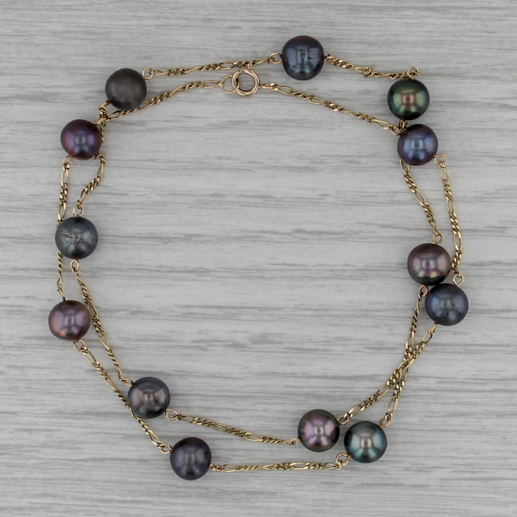 Black Cultured Pearl Station Necklace 14k Yellow Gold 17.5" Figaro Chain