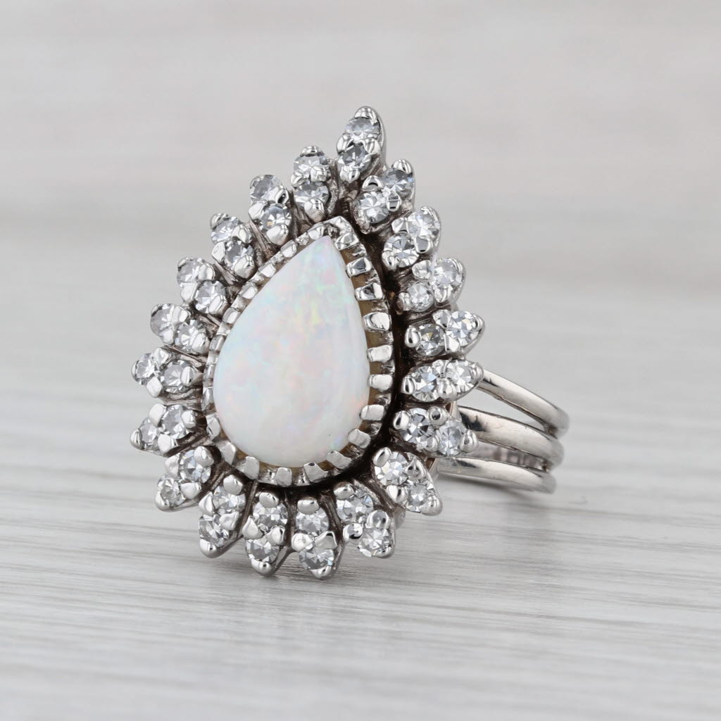 Vintage Pear Opal Diamond Halo Ring 14k White Gold Size 6-6.25 Cocktail