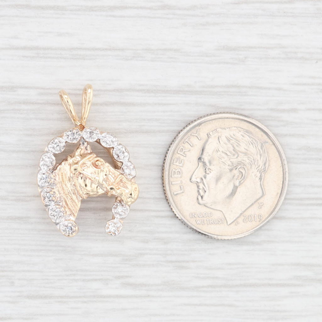 Beige Diamond Horseshoe Horse Pendant 10k Yellow Gold Good Luck Western