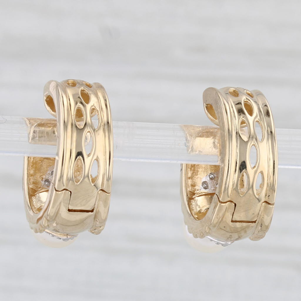 Light Gray Cultured Pearl Diamond Hoop Huggie Earrings 14k Yellow Gold Snap Top Hoops