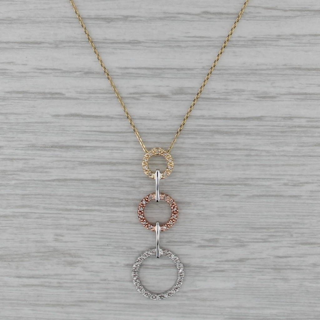 0.14ctw Diamond 3-Ring Pendant Necklace 14k Tri-toned Gold 20" Cable Chain