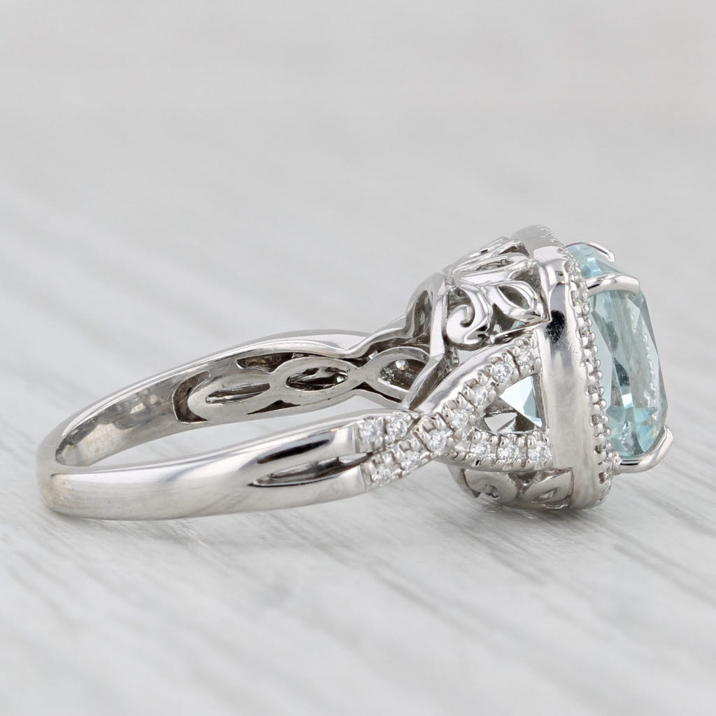 Light Gray 3.55ctw Aquamarine Diamond Halo Ring 14k White Gold Floral Bridge Size 6.25