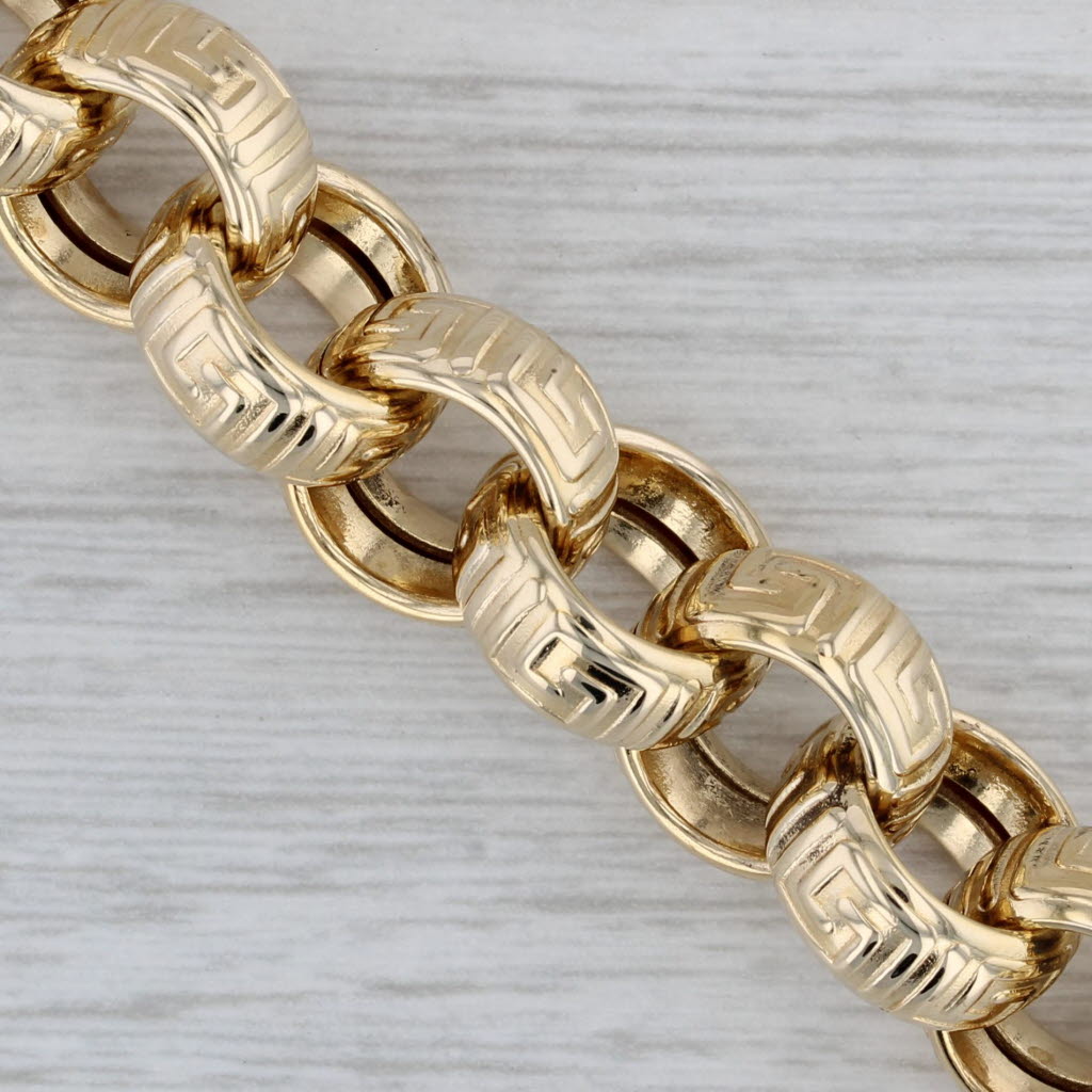 Gray Greek Key Pattern Cable Chain Bracelet 14k Yellow Gold 8" 12.3mm
