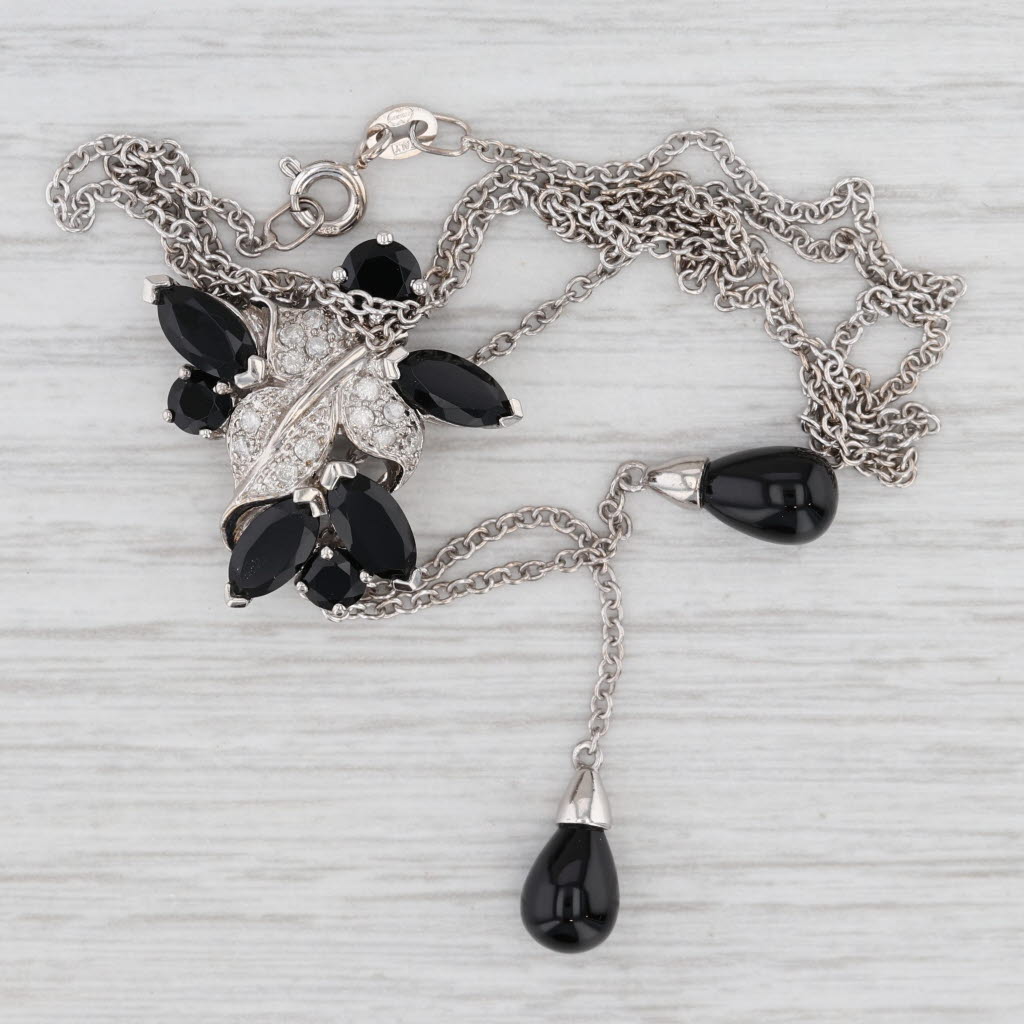 Light Gray 0.16ctw Diamond Onyx Chalcedony14k White Gold Lariat Pendant Necklace