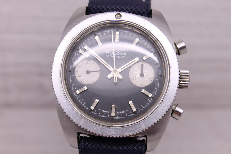 Vintage Bulova Deep Sea Blue Chronograph Mens 38mm Steel Watch Valjoux 7733