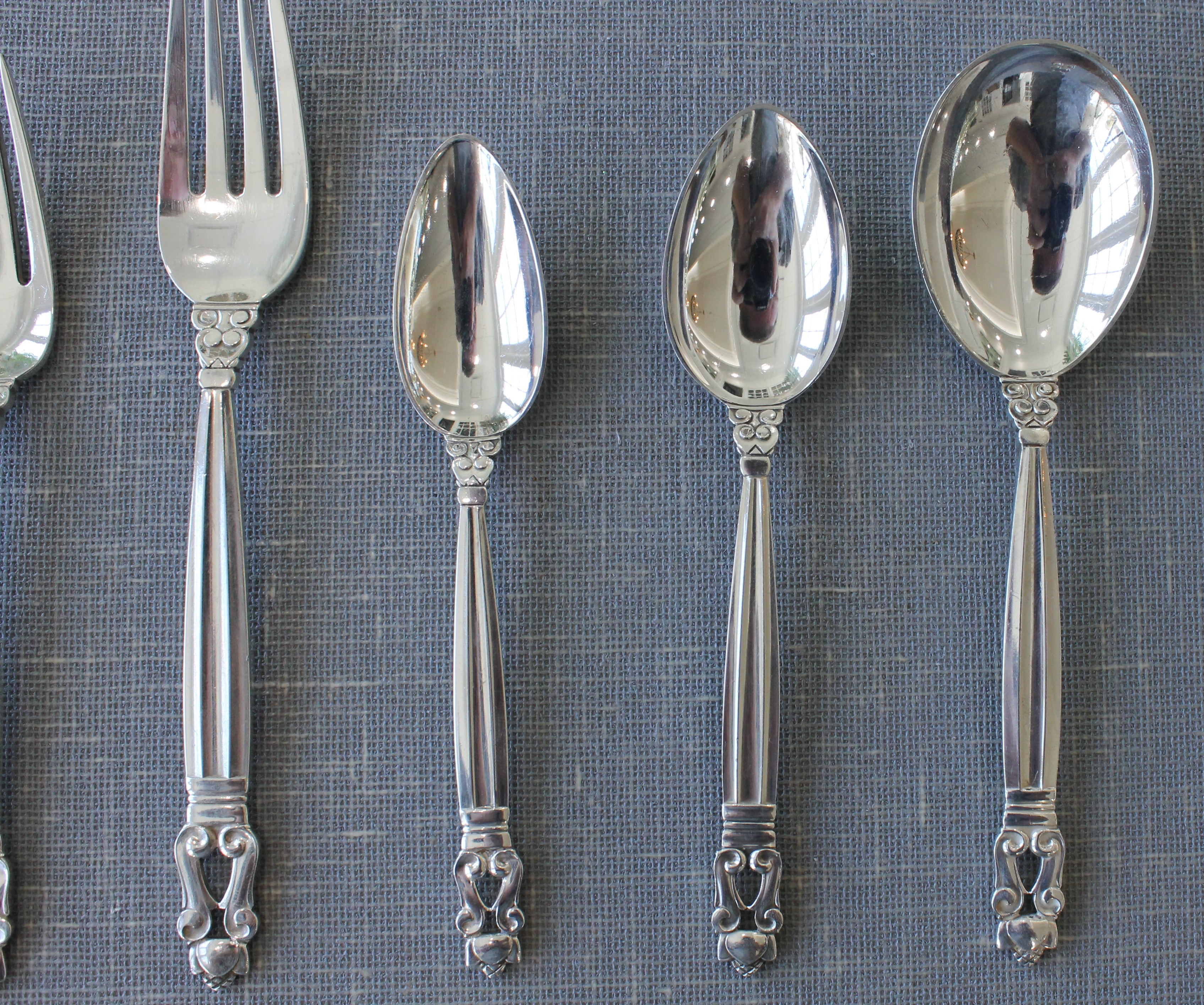 Dim Gray Georg Jensen Acorn Sterling Silver Flatware Set 10pc Service of 8 Danish Cutlery