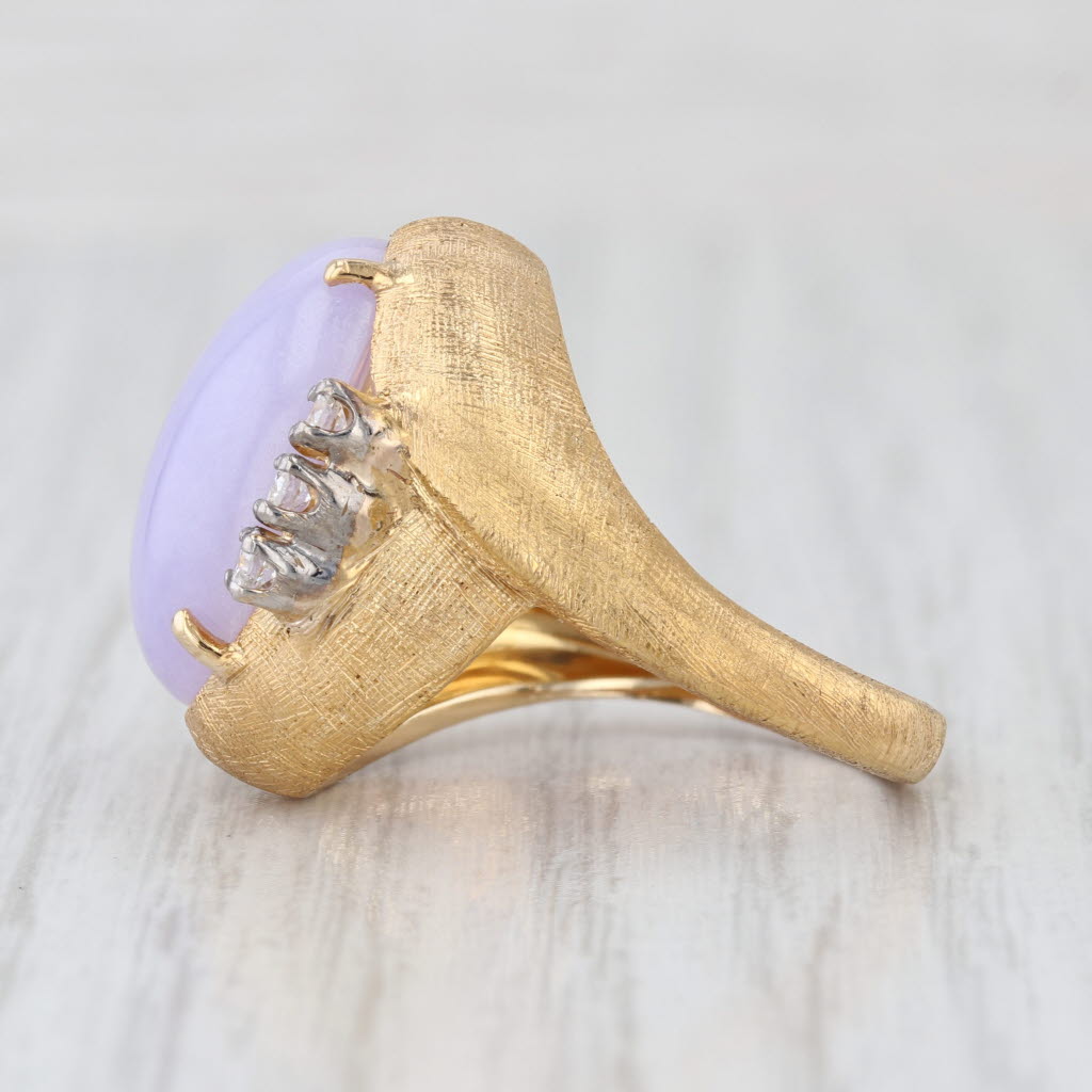 Purple Jadeite Jade Diamond Bypass Ring Brushed 14k Yellow Gold Sz 6.5 Cocktail