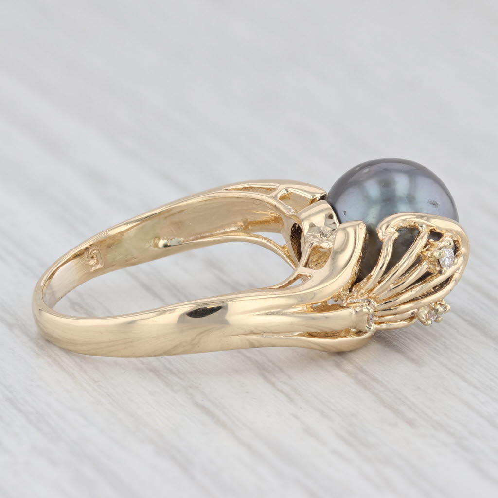 Light Gray Black Cultured Pearl Diamond Ring 18k Yellow Gold Size 7.5