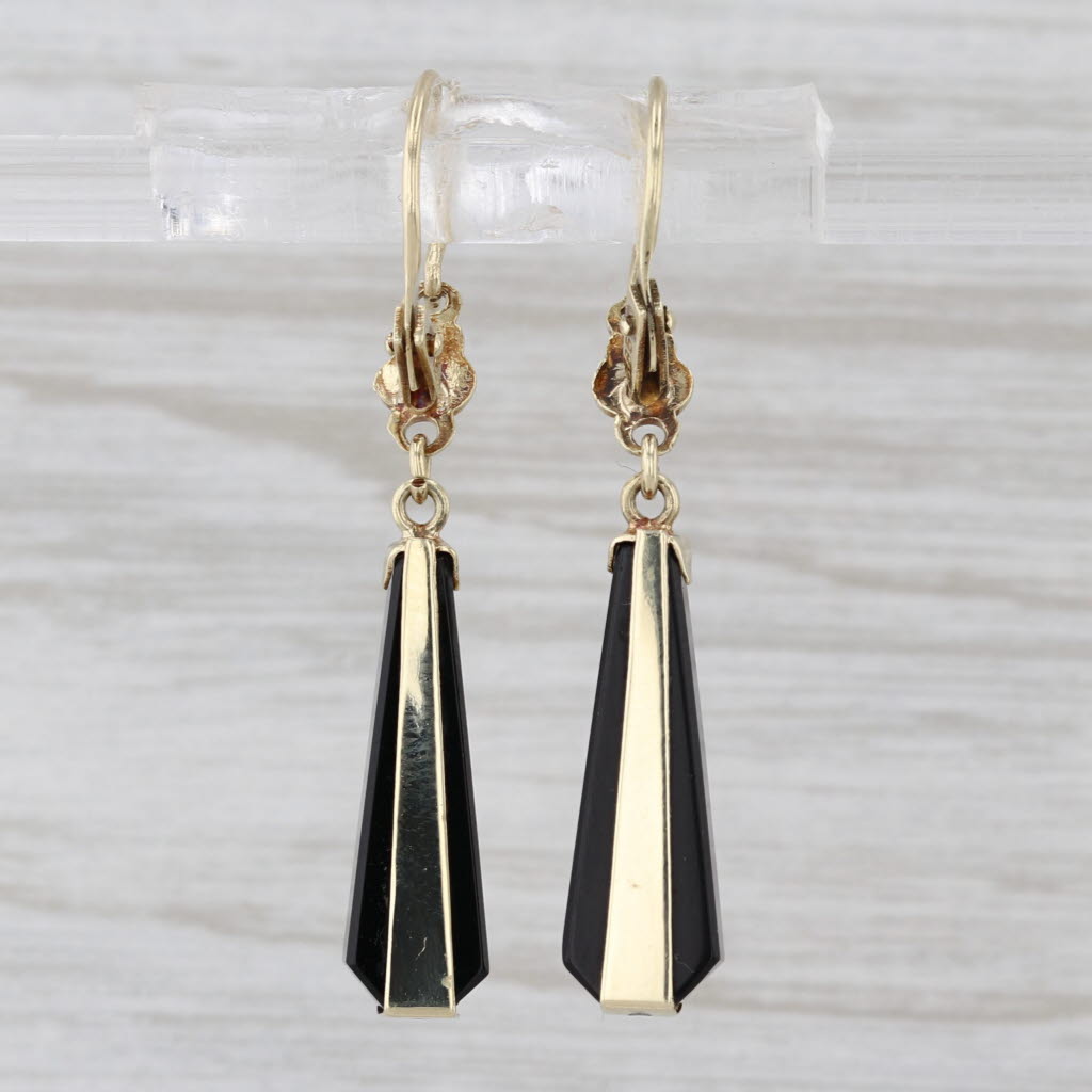 Antique Beveled Onyx Dangle Earrings 14k Yellow Gold Hook Posts