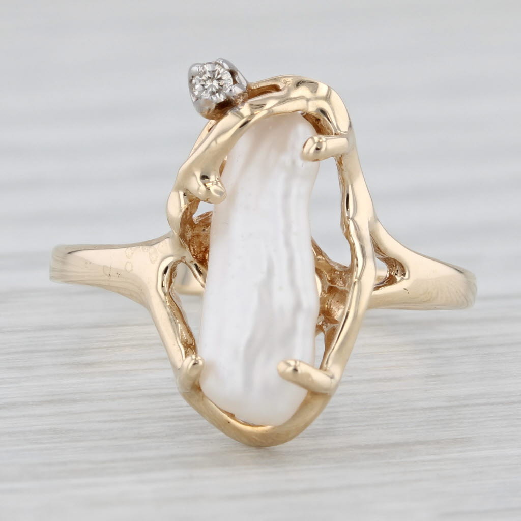 Light Gray Baroque Freshwater Pearl Diamond Ring 10k Yellow Gold Size 7