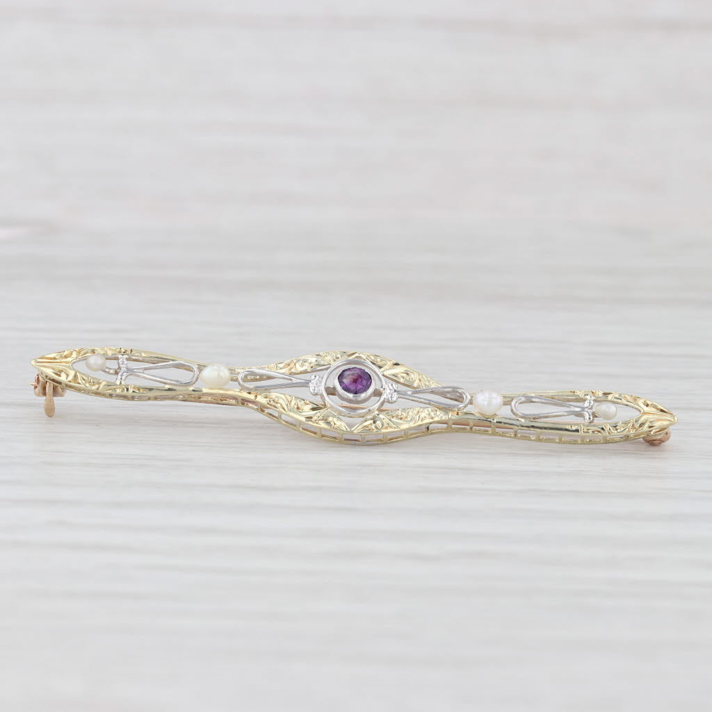 Light Gray Vintage Seed Pearl 0.10ct Amethyst Ornate Bar Pin 14k Gold Brooch