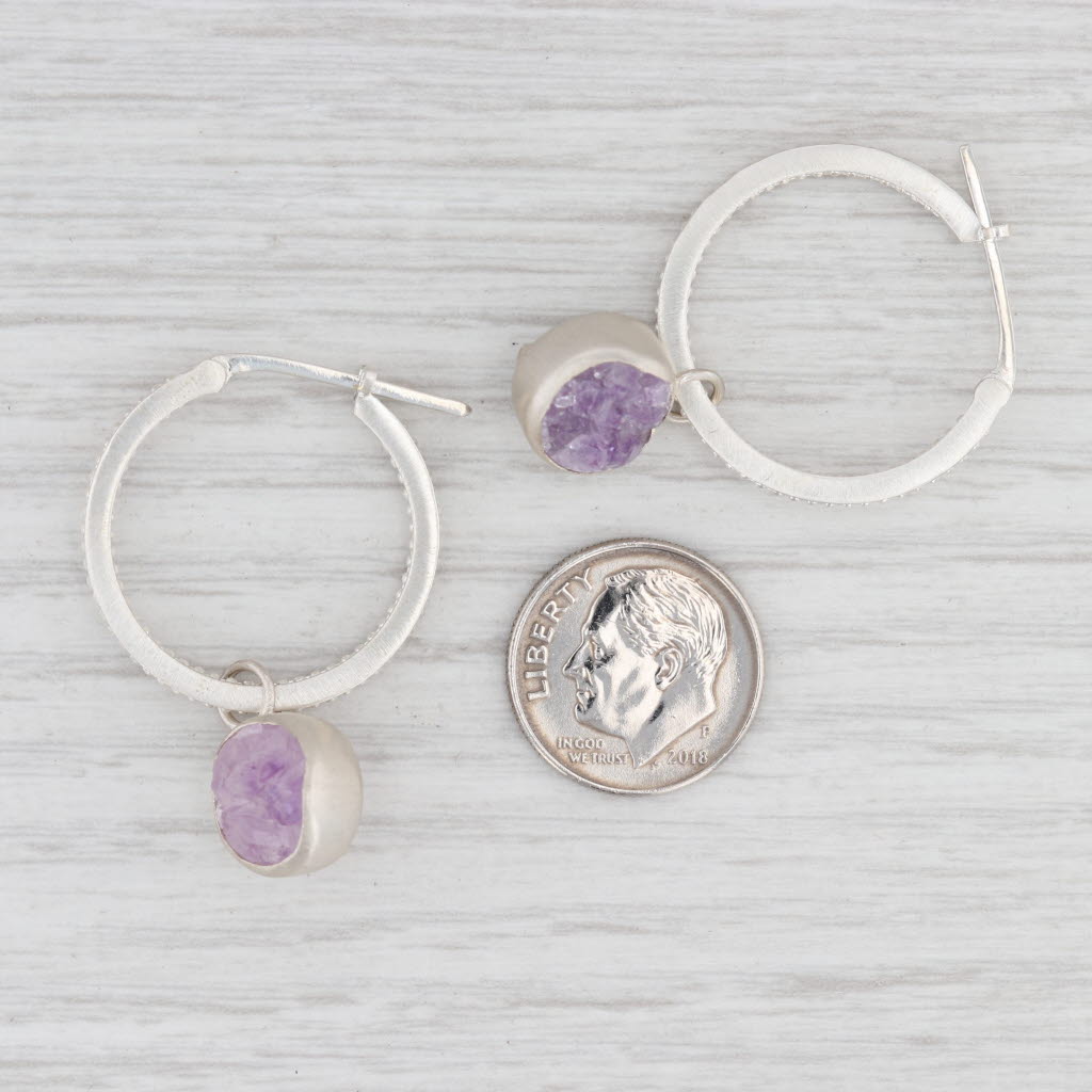 New Nina Wynn Druzy Amethyst Hoops with Charms Earrings Sterling Silver