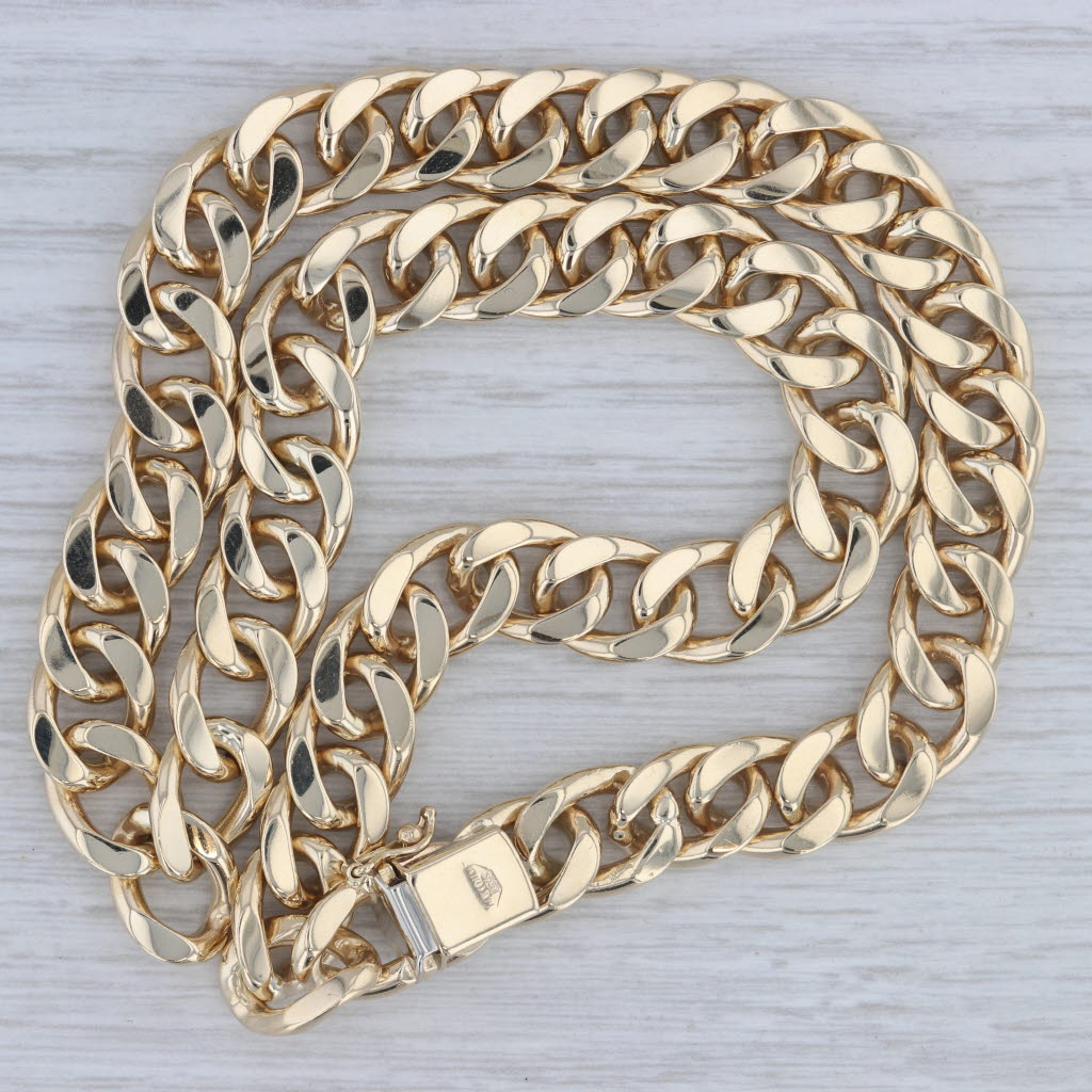 Gray Cuban Curb Chain Necklace 14k Yellow Gold 17" 9.5mm