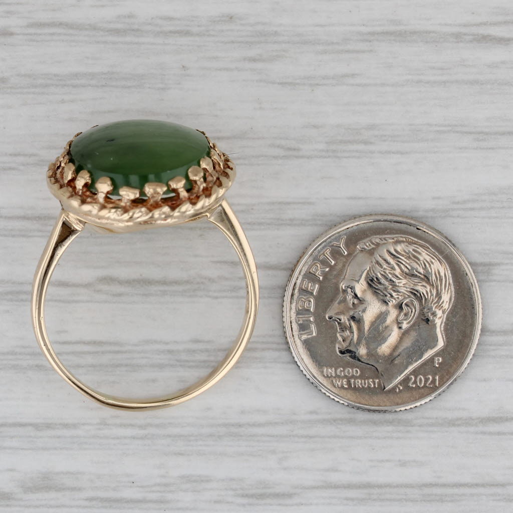 Gray Green Nephrite Jade Oval Cabochon Solitaire Ring 10k Yellow Gold Size 8.25
