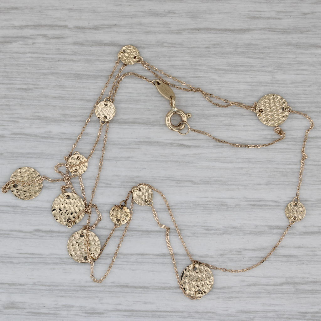Gray Textured Circle Stations Lariat Necklace 10k Yellow Gold 16.5"
