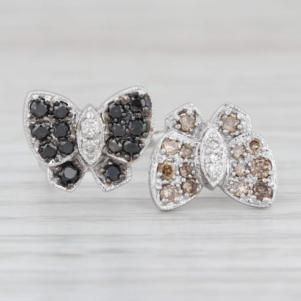 0.60ctw Diamond Butterfly Ring 14k White Gold Adjustable Sz 7 Black White Brown