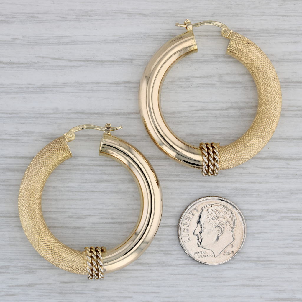 Gray Round Hoop Earrings 14k Yellow Gold Snap Top Hoops Textured Pattern