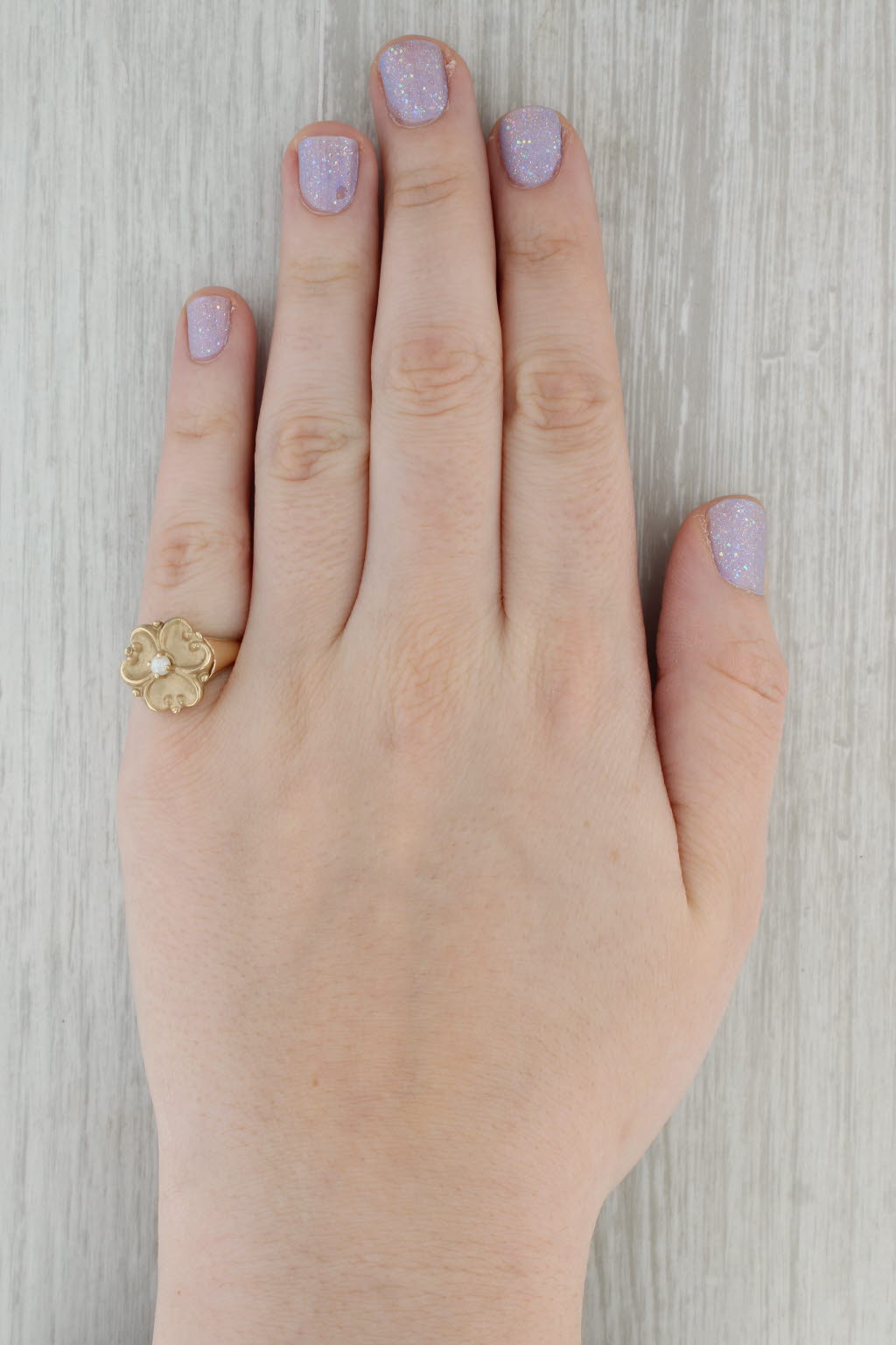 Dark Gray Vintage Cultured Pearl Plumeria Flower Ring 10k Yellow Gold Size 6.75