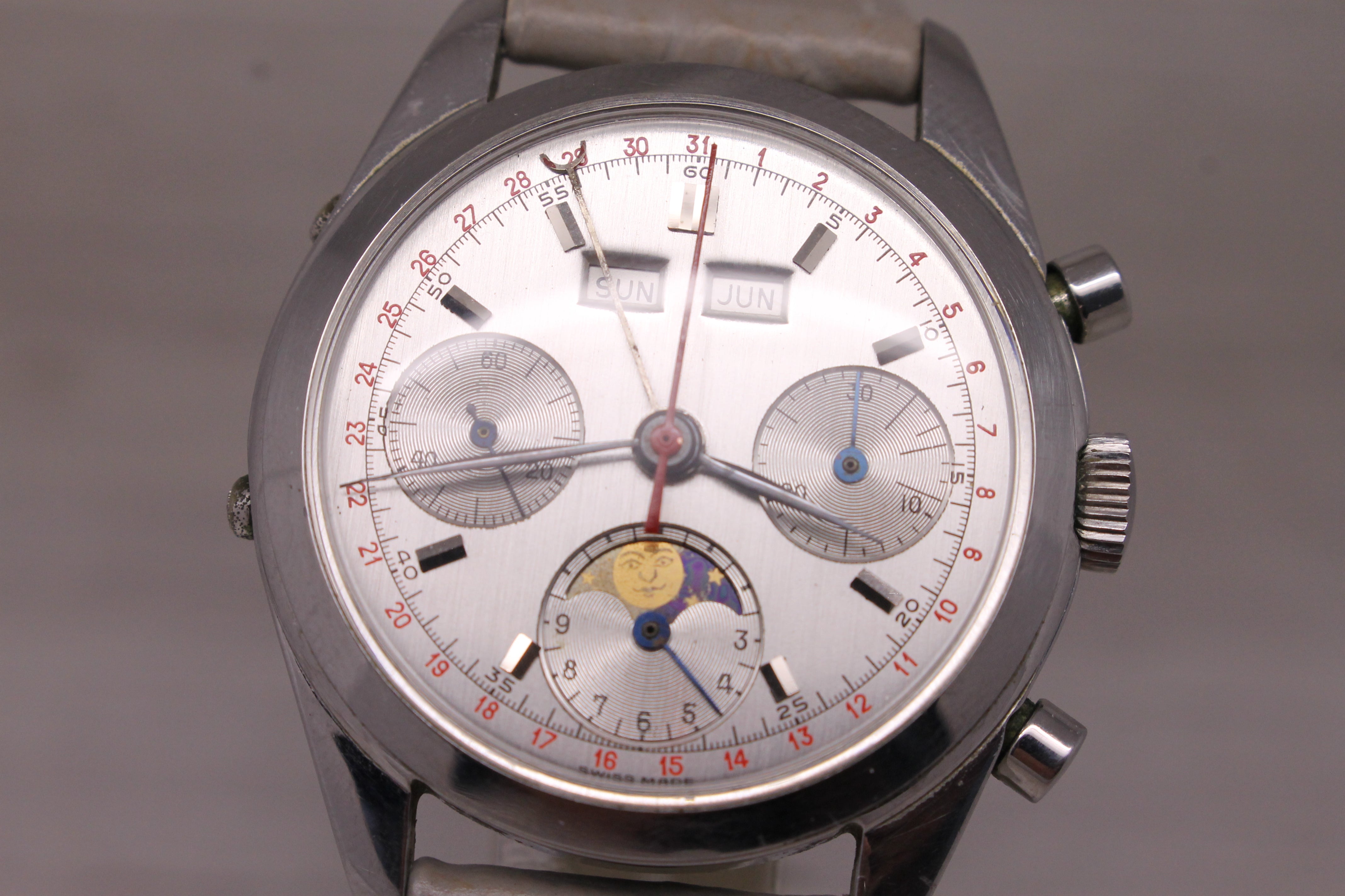 Dim Gray Vintage Valjoux 88 36mm Stainless Steel Triple Date Moonphase Chronograph Watch