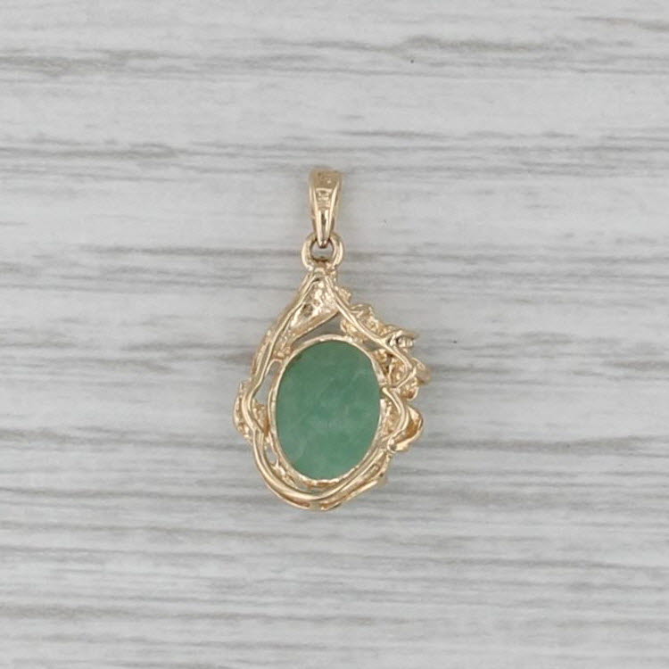Vintage Green Jadeite Jade Oval Cabochon Pendant 14k Yellow Gold Diamond Accent