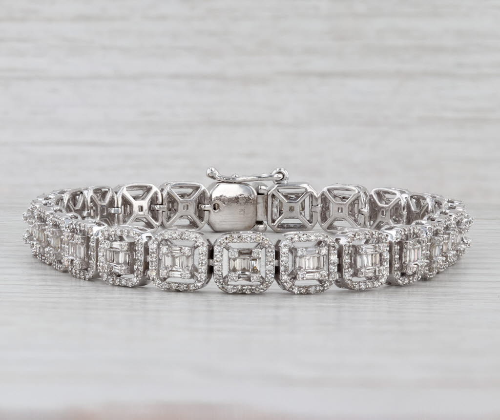 Light Gray 4.05ctw Diamond Halos Tennis Bracelet 10k White Gold 7.75" 7.8mm