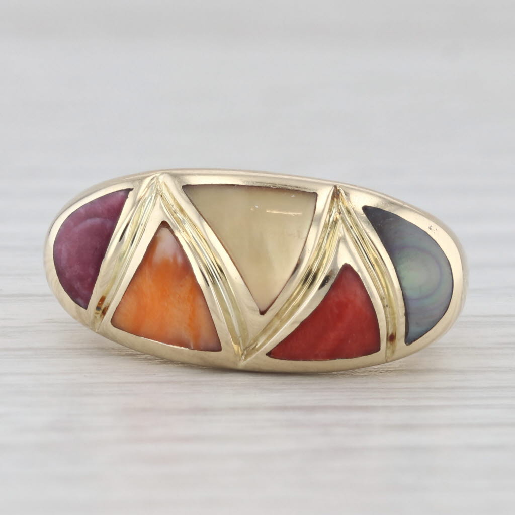 Light Gray Asch Grossbardt Coral Shell Mother of Pearl Inlay Mosaic Ring 14k Gold Size 5.5