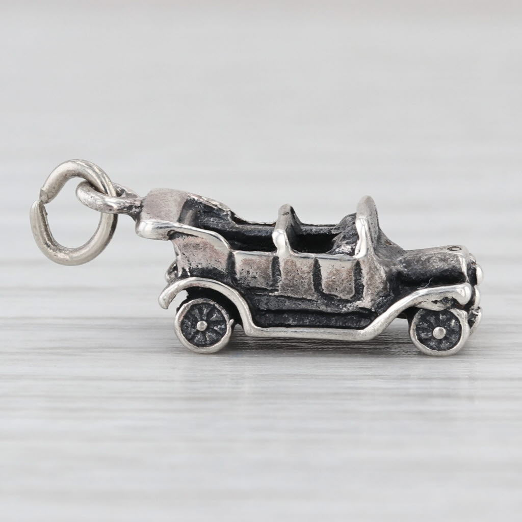 Vintage Old Timey Car Charm Sterling Silver 3D Wheels Move Pendant