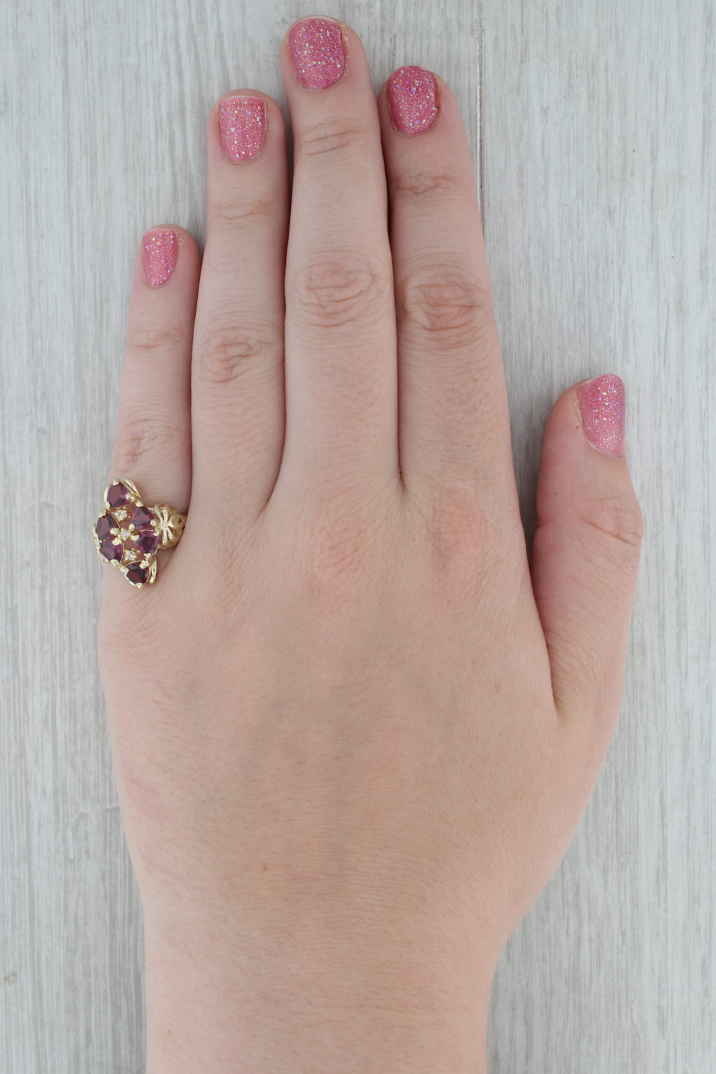 Dark Gray 1.50ctw Rhodolite Garnet Cluster Ring 10k Yellow Gold Size 6.25 Diamond Accent