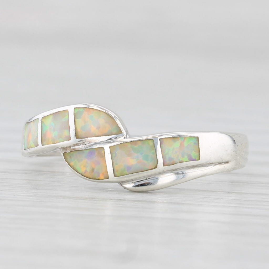 Light Gray Opal Mosaic Inlay Bypass Ring Sterling Silver Size 8 Band