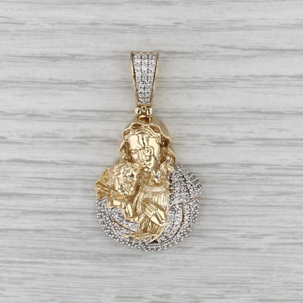 Mother Mary Holding Baby Jesus Pendant 0.96ctw Diamond 10k Gold Statement