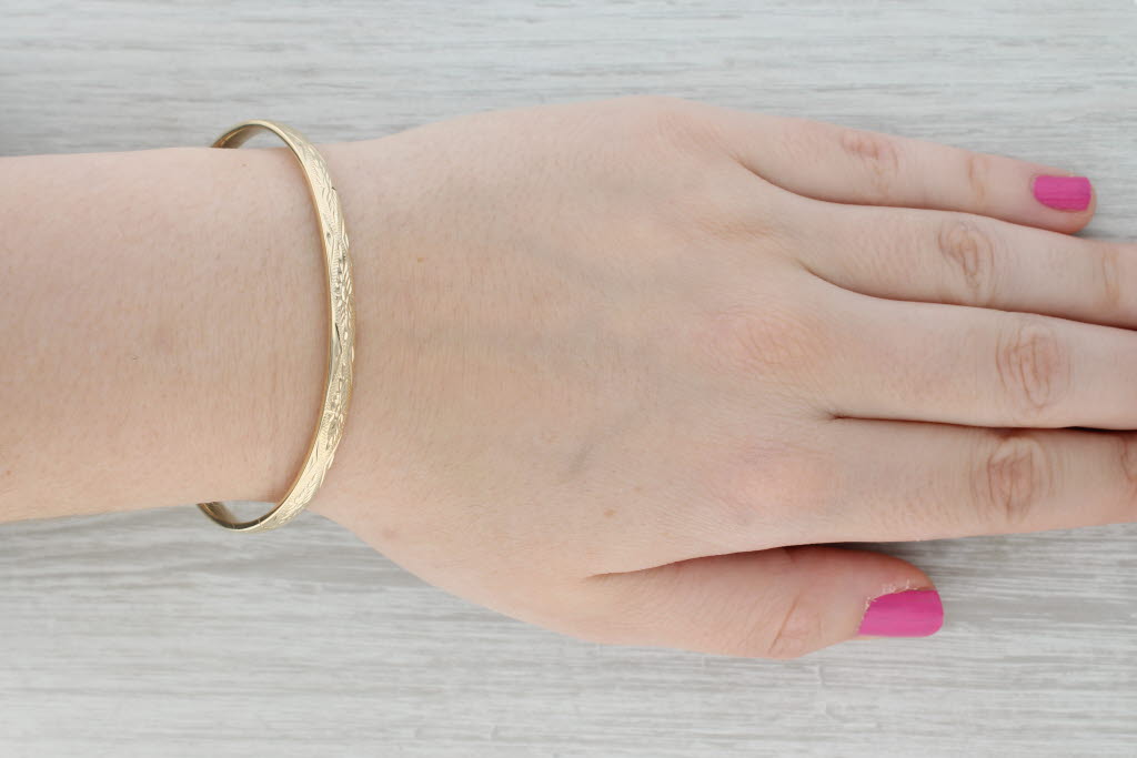 Gray Etched Bangle Bracelet 14k Yellow Gold 8" 5mm Milor Spain